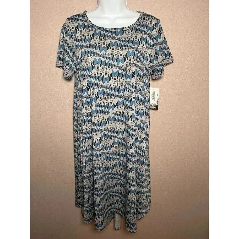 LulaRoe Disney Carly Dress Gray & Blue Minnie Mouse, Size Small, NWT